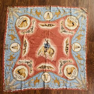 DKNY 100% Silk Western Cowgirl Rodeo Big Scarf Novelty Print 38”x38” Vintage